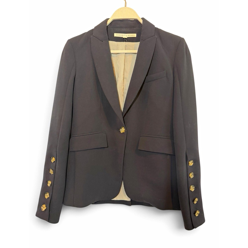 Veronica Beard Navy Blue Blazer Womens Gold Button Cuff Tailored Stretch Jacket